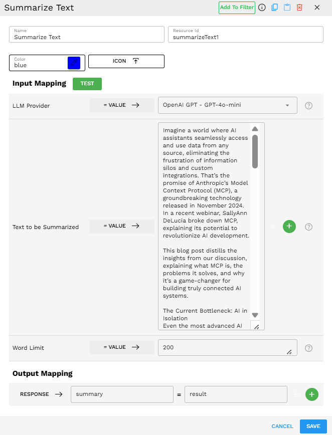 Summarize Text Component in Pipeline Builder
