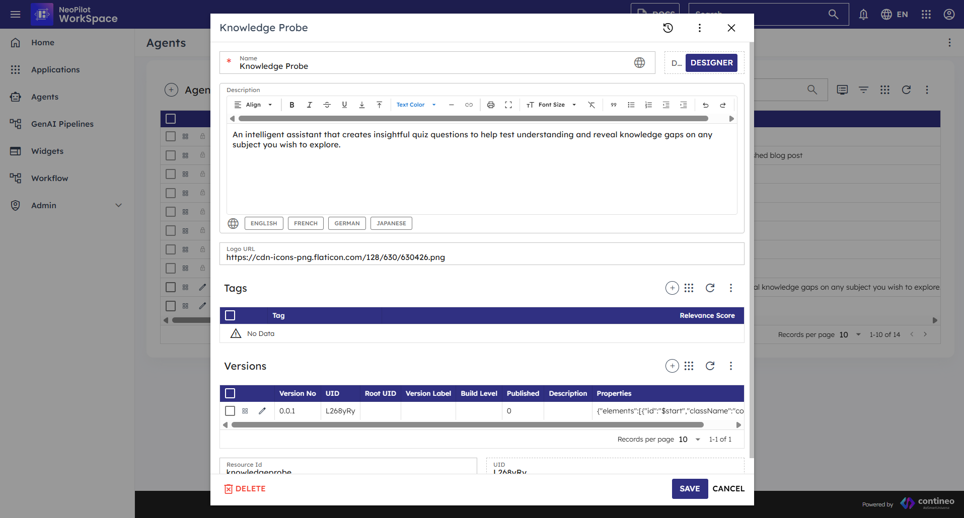 Agent Configuration Screen